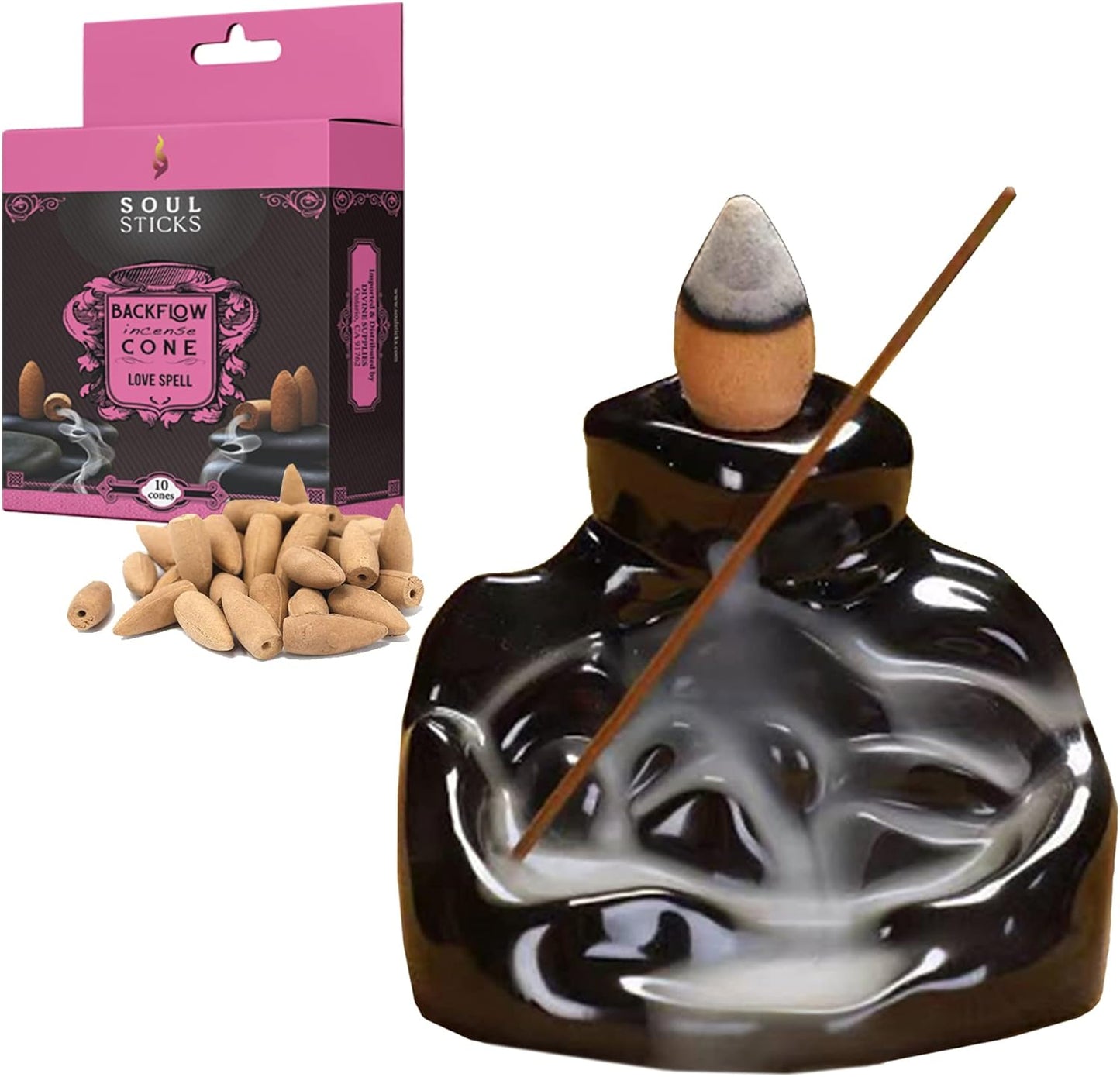 Primrose Path Backflow Burner + Love Spell Backflow Incense Cones Combination Set