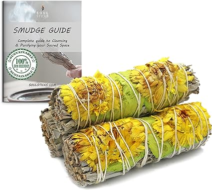 Golden Times Floral Sage Smudge Sticks with Smudge Guide, 3-Pack