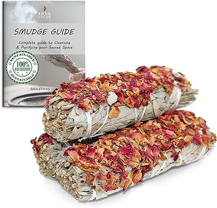 Wild Roses Floral Sage Smudge Sticks with Smudge Guide, 3-Pack