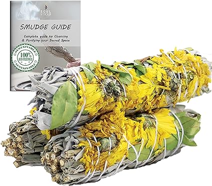 Sunflower Floral Sage Smudge Sticks with Smudge Guide, 3-Pack