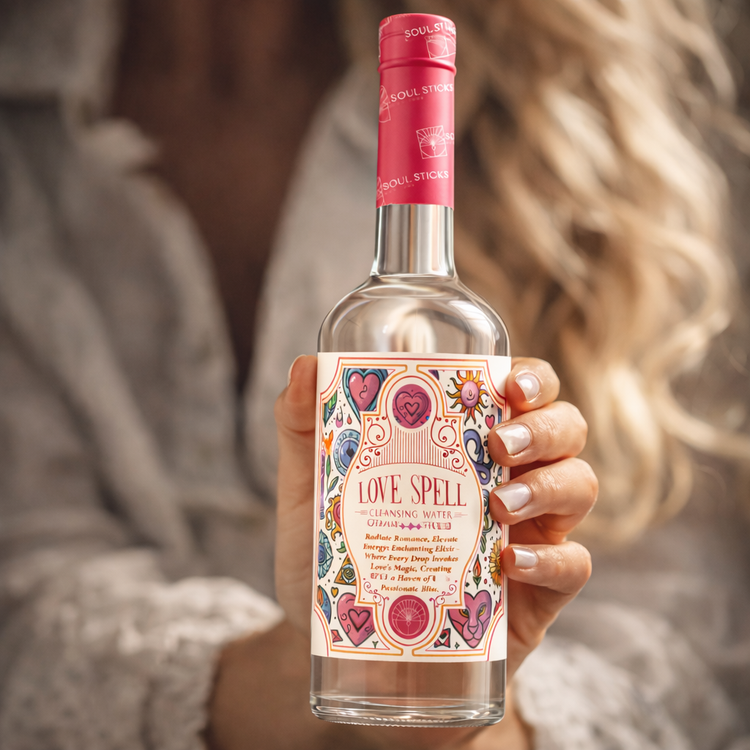 Handcrafted spiritual cleansing water for abundance, happiness, and aura purification, made with natural herbs, crystals, and intention