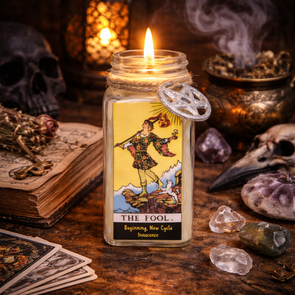 Tarot-inspired spiritual candles, handcrafted with natural ingredients, designed to enhance meditation, rituals, and tarot readings.