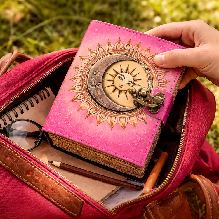 Genuine leather spell journal with 200 blank antique-style pages, featuring a durable cover and handcrafted design, perfect for writing, drawing, or spell work.