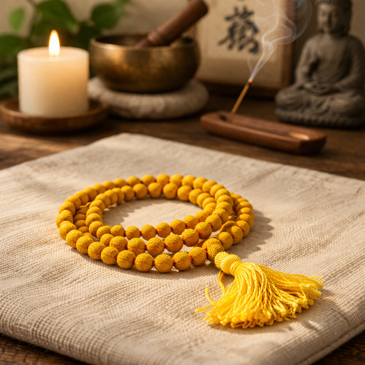 Handcrafted meditation beads made with natural gemstones or wood, used for mindfulness, meditation, and spiritual practice.