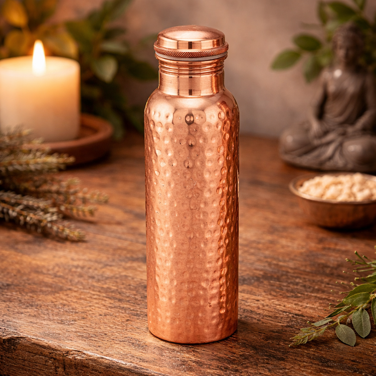 Handcrafted copper water bottle for hydration, wellness, and natural antimicrobial benefits, perfect for daily use.