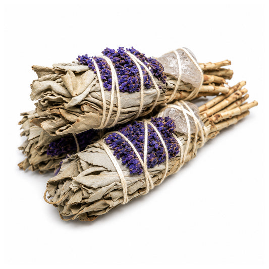 Lavender, Wildflowers, Quartz & White Sage Torch Smudge Sticks with Smudge Guide - 3 Pack
