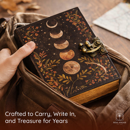 Closed Multi Moon leather journal resting on a fabric surface