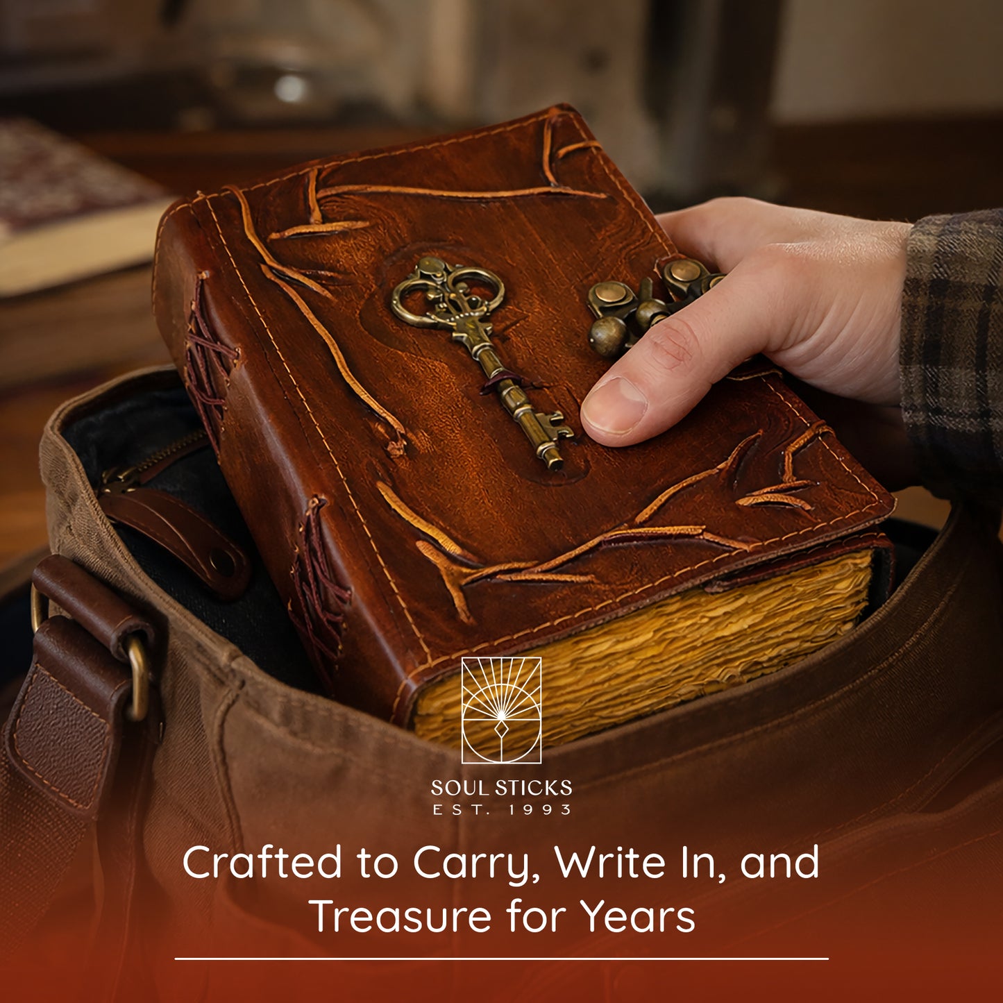 Angled view of the Key leather journal in a lifestyle setting