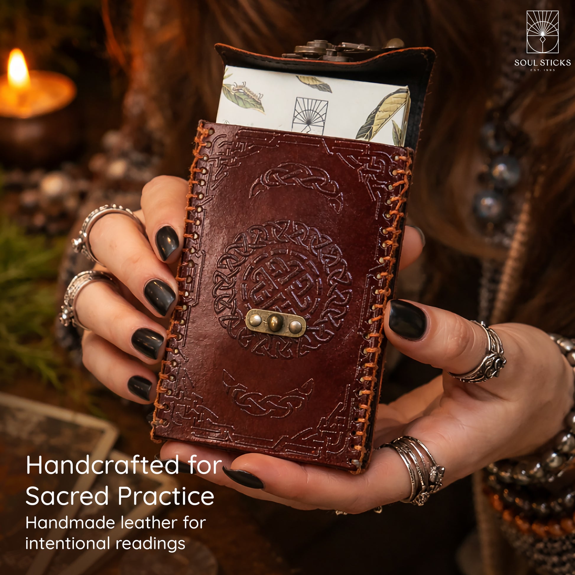 Angled view of the tarot card holder for standard tarot decks on a tabletop