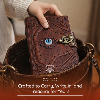 Closed Evil Eye leather journal resting on a fabric surface