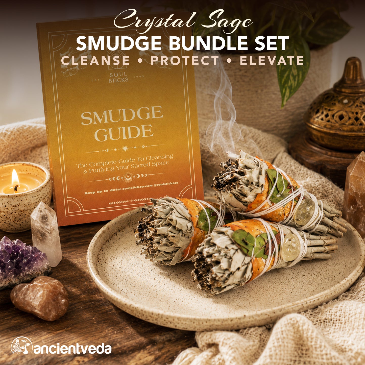 Mitron, Rose Petals, Citrine & White Sage Torch Smudge Sticks with Smudge Guide - 3 Pack