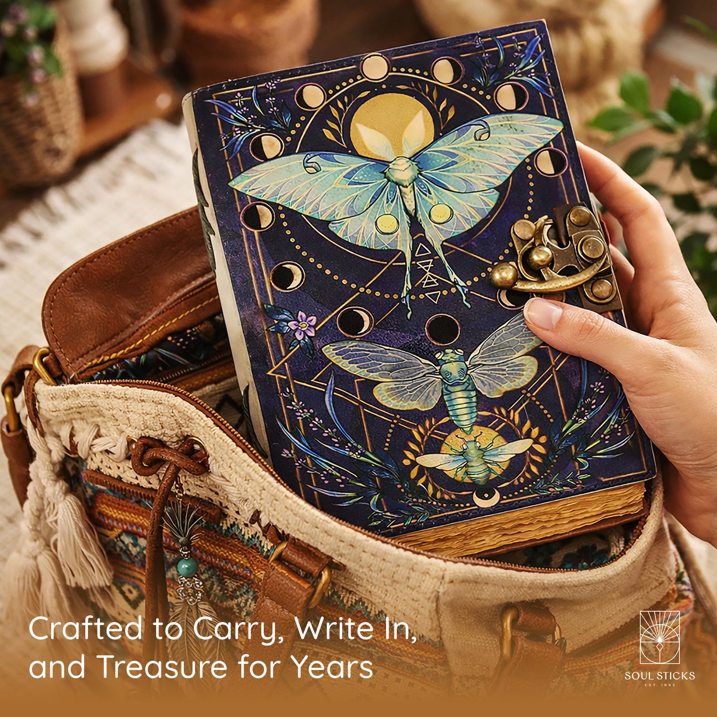 Angled view of the Butterfly leather journal in a lifestyle setting