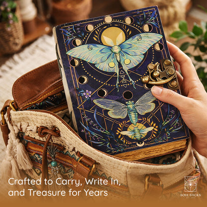 Angled view of the Butterfly leather journal in a lifestyle setting