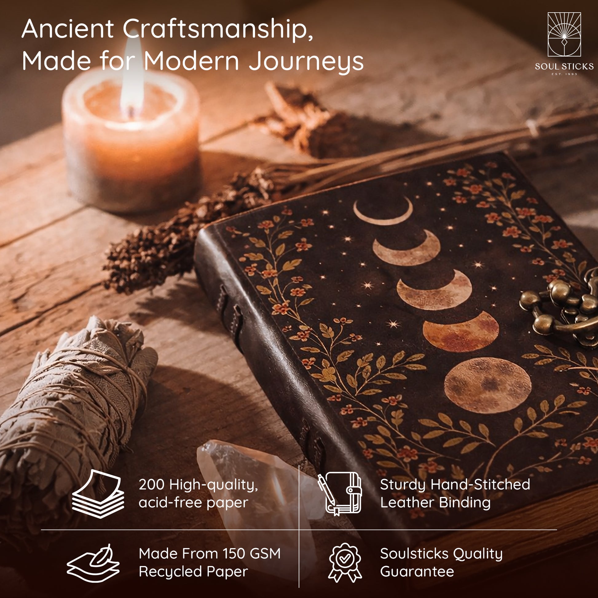 Close-up of the Multi Moon leather journal cover design and texture