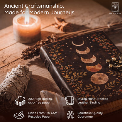 Close-up of the Multi Moon leather journal cover design and texture