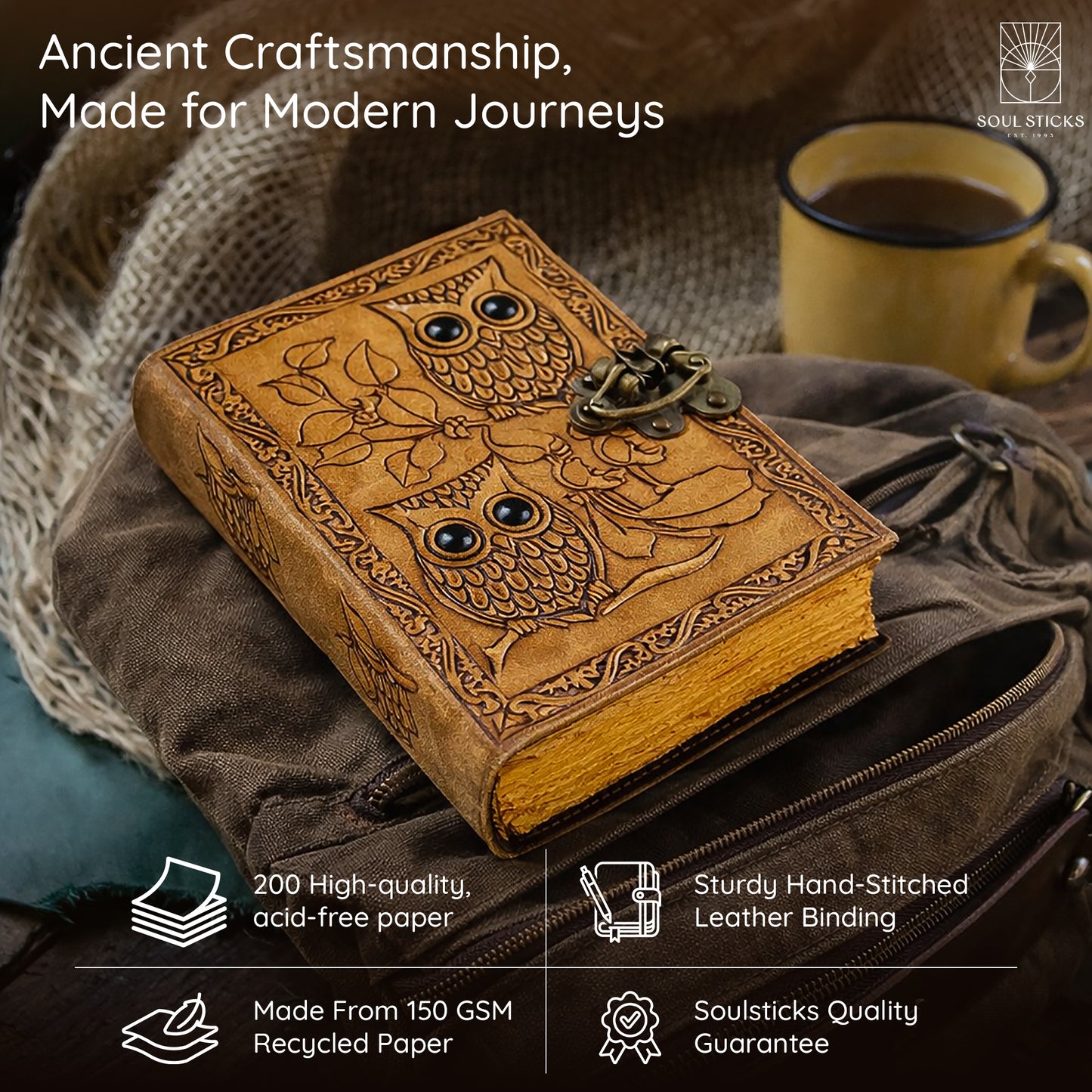 Closed Owl leather journal resting on a fabric surface