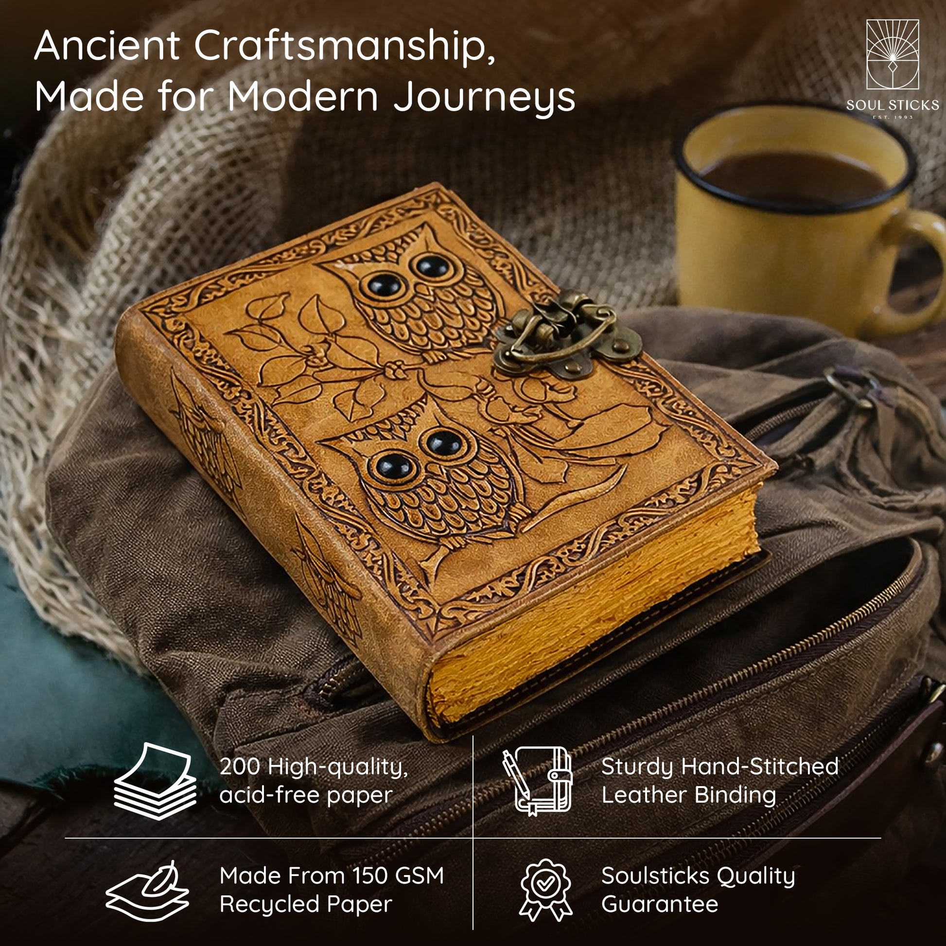 Closed Owl leather journal resting on a fabric surface