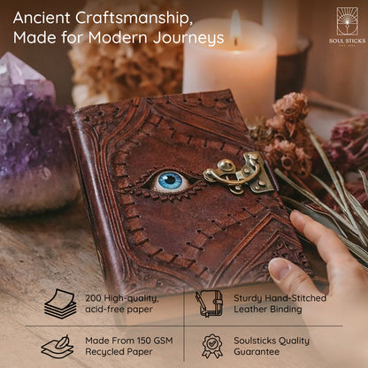 Close-up of the Evil Eye leather journal cover design and texture