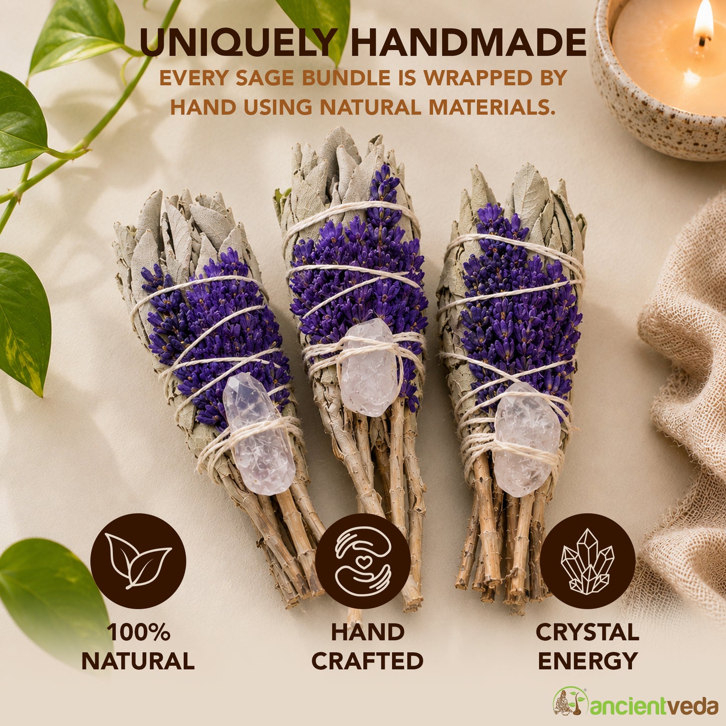 Lavender, Wildflowers, Quartz & White Sage Torch Smudge Sticks with Smudge Guide - 3 Pack