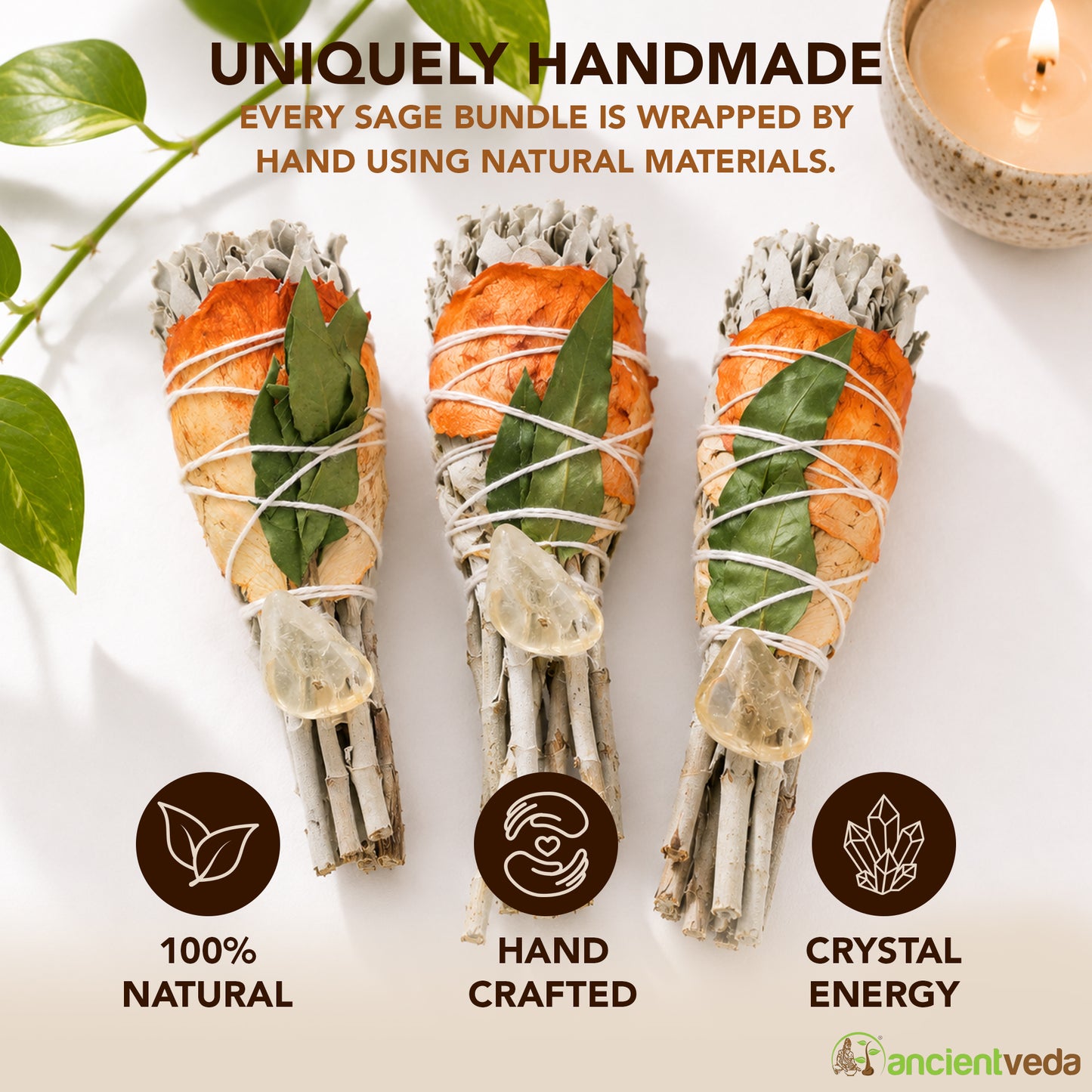 Mitron, Rose Petals, Citrine & White Sage Torch Smudge Sticks with Smudge Guide - 3 Pack