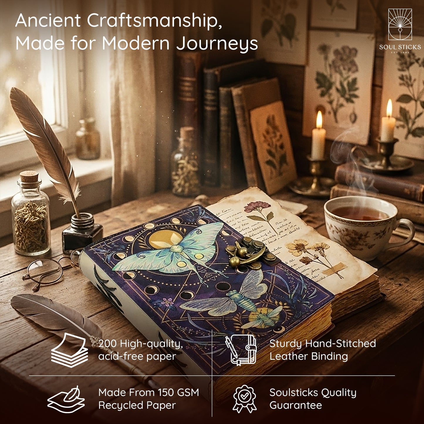 Closed Butterfly leather journal resting on a fabric surface