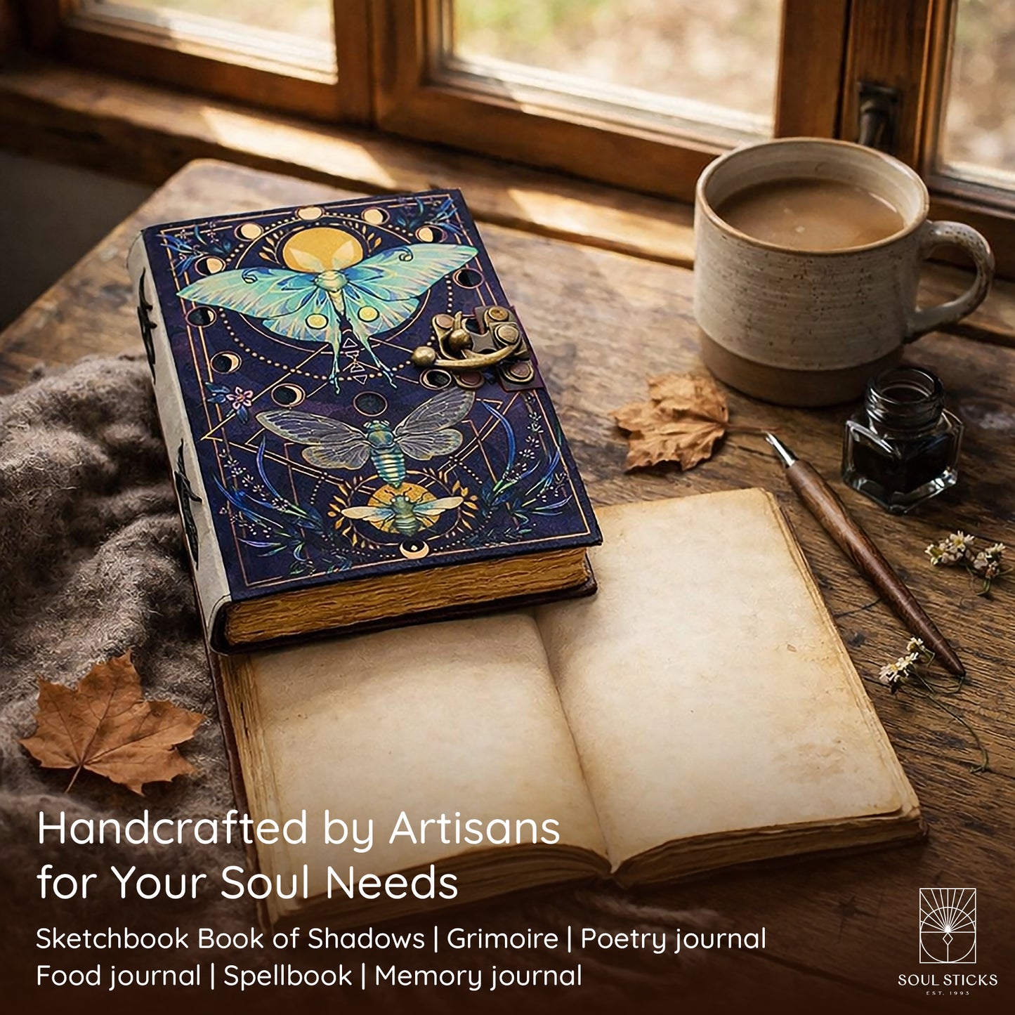 Close-up of the Butterfly leather journal cover design and texture