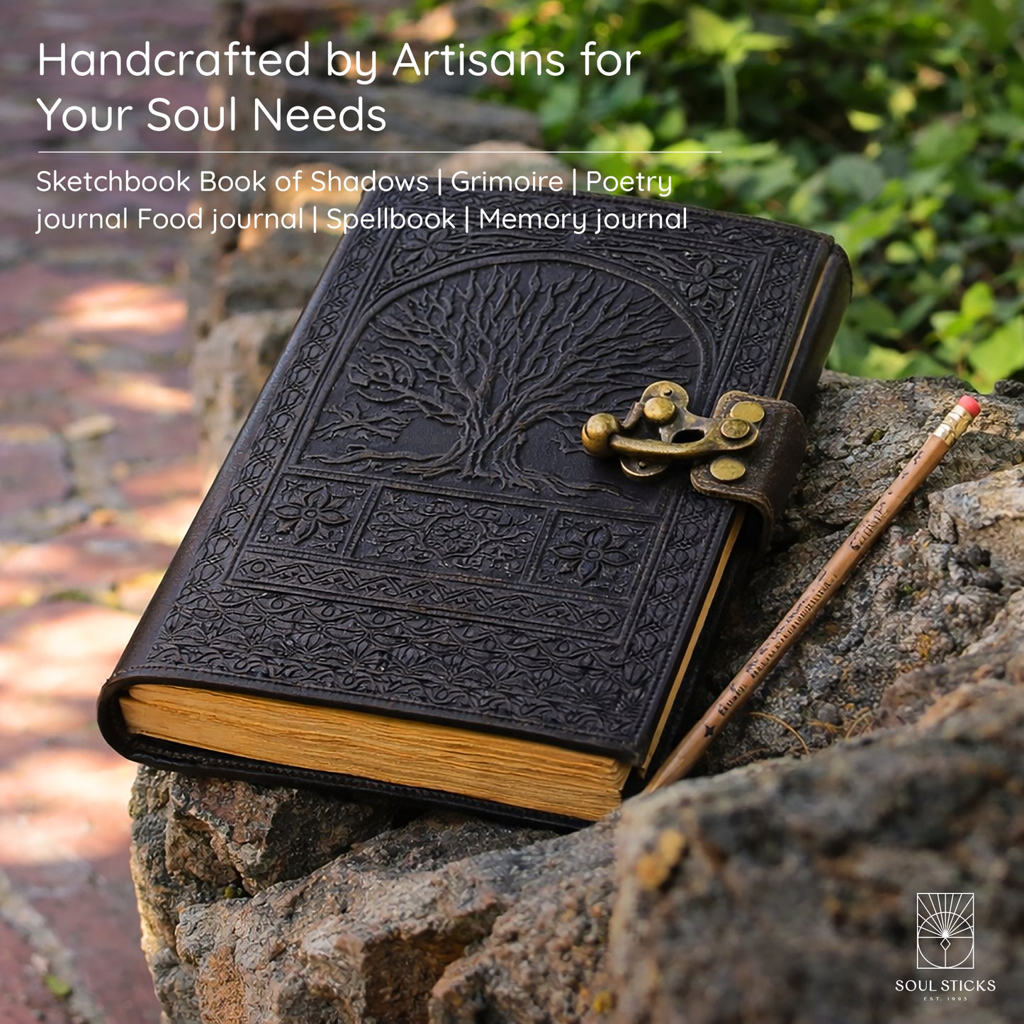 Close-up of the Tree of Life leather journal cover design and texture