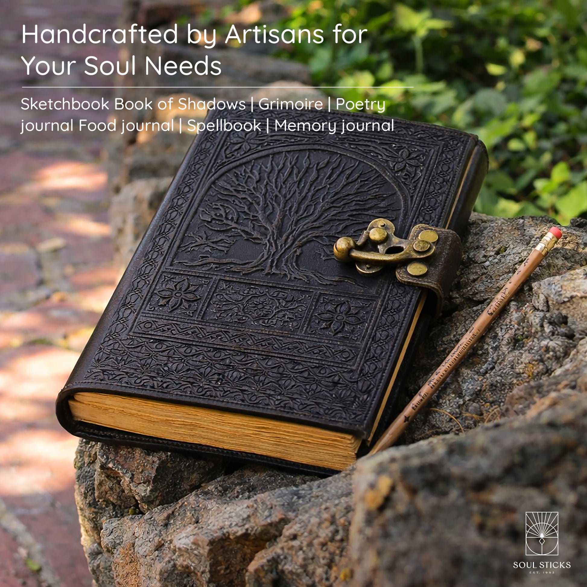 Close-up of the Tree of Life leather journal cover design and texture