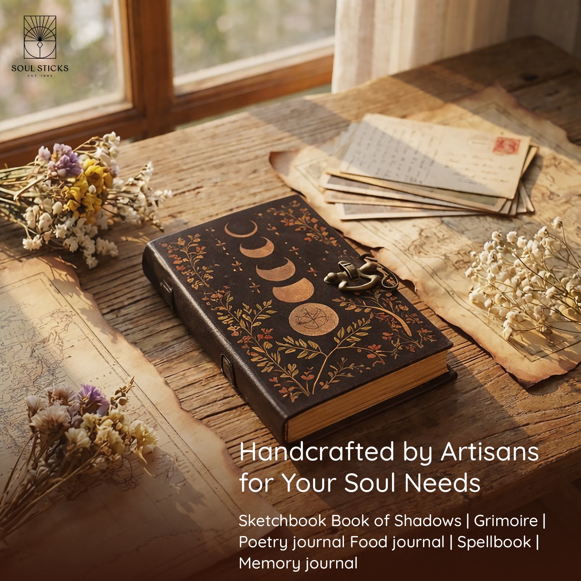 Open Multi Moon leather journal with a closer view of the paper pages