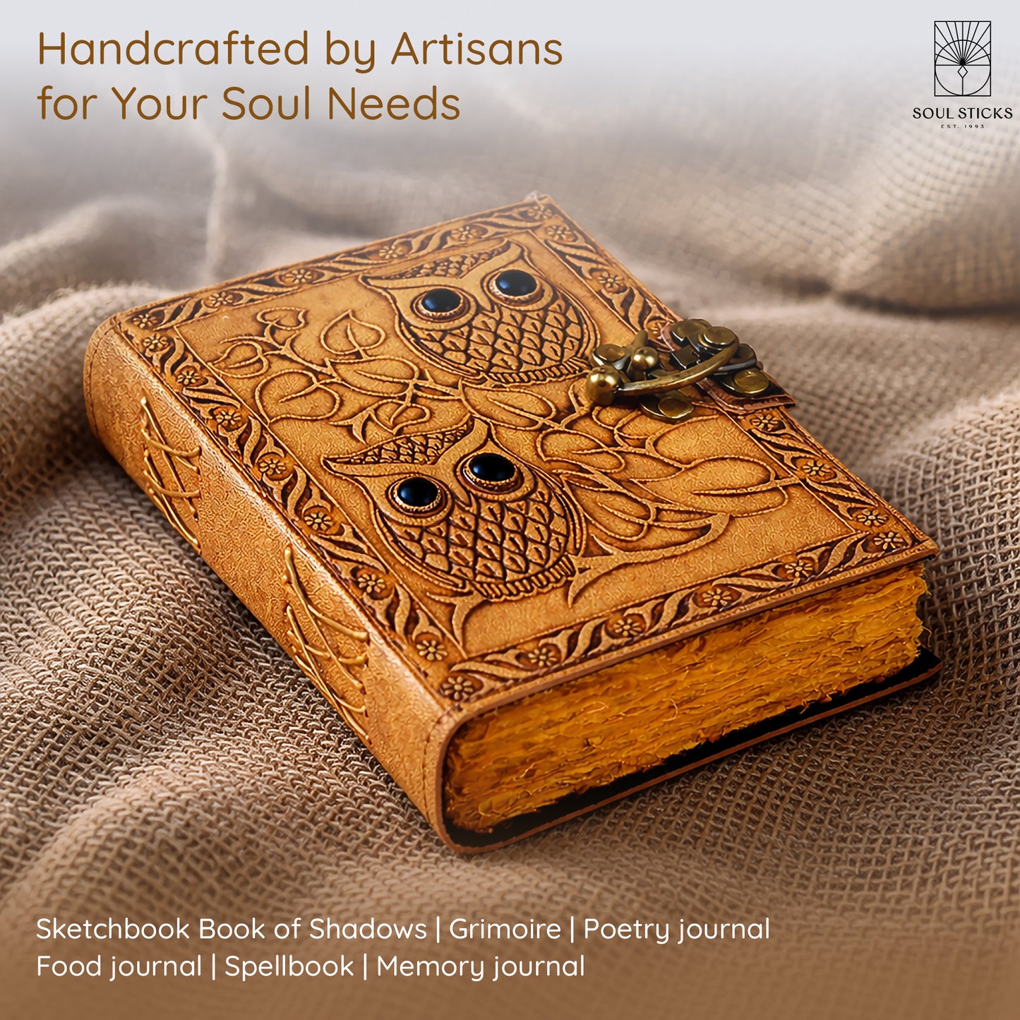 Close-up of the Owl leather journal cover design and texture