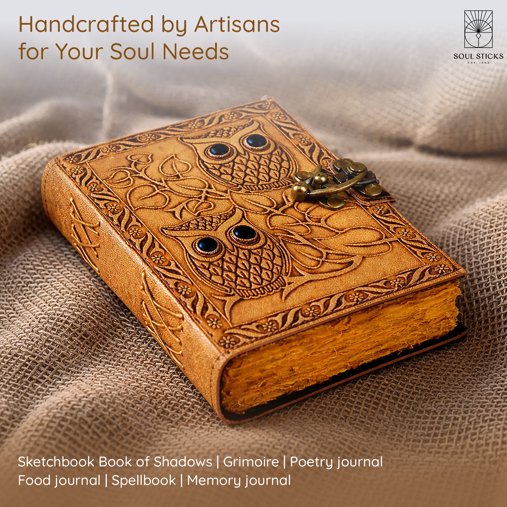 Close-up of the Owl leather journal cover design and texture