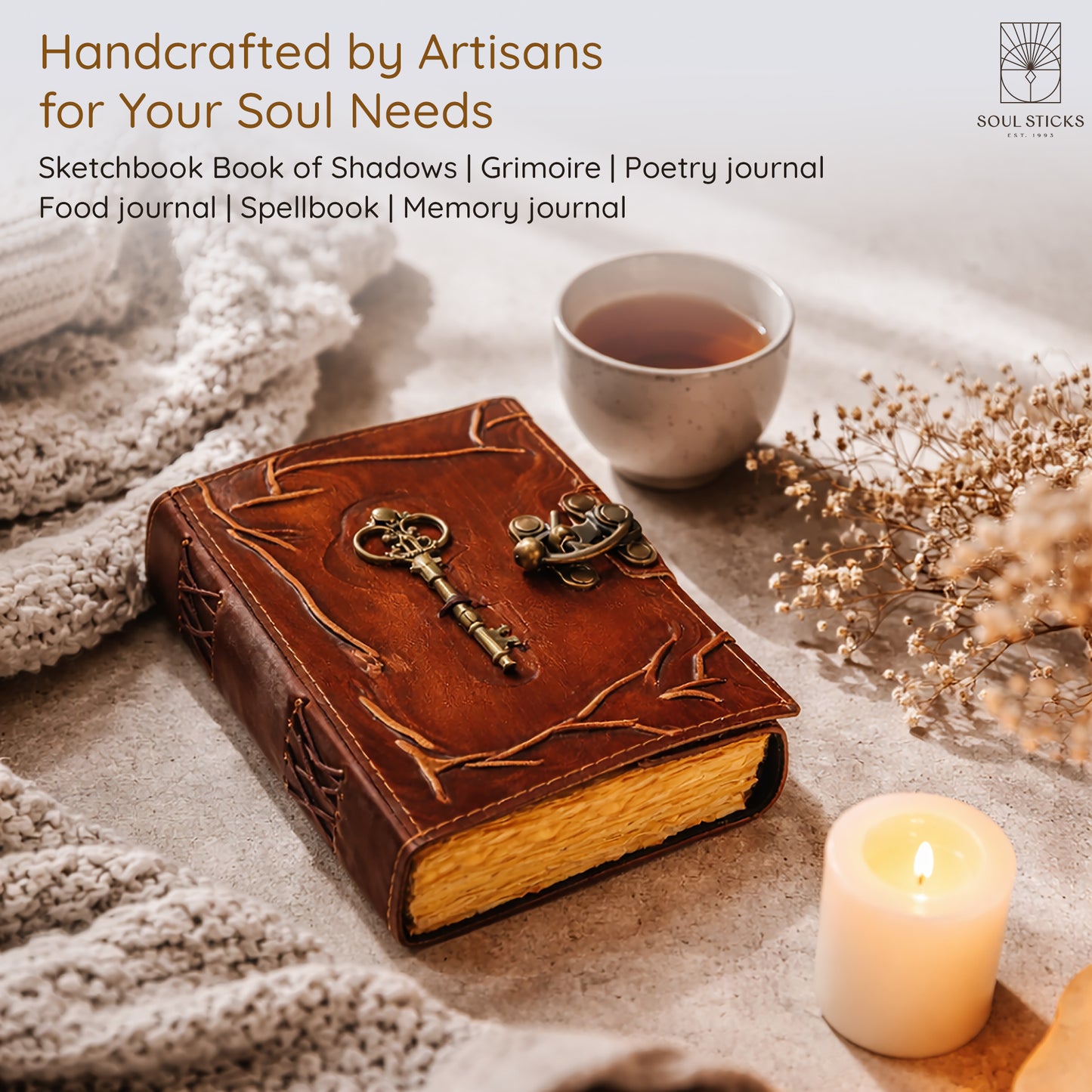 Close-up of the Key leather journal cover design and texture