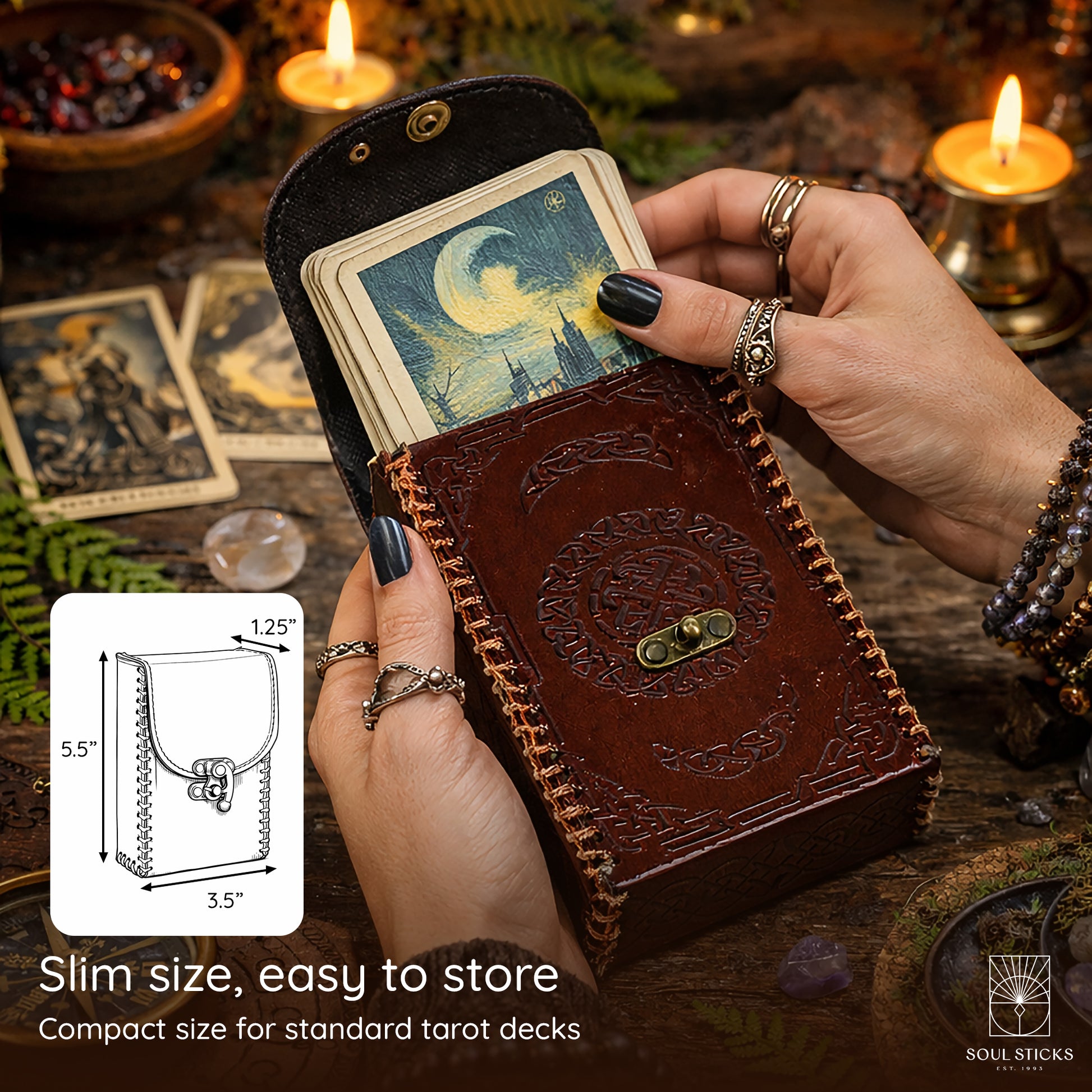Tarot Card Holder for Standard Tarot Decks displayed with tarot cards in a styled setting
