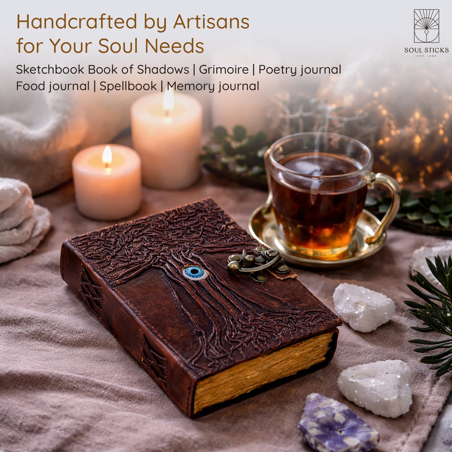 Close-up of the Evil Eye Tree leather journal cover design and texture