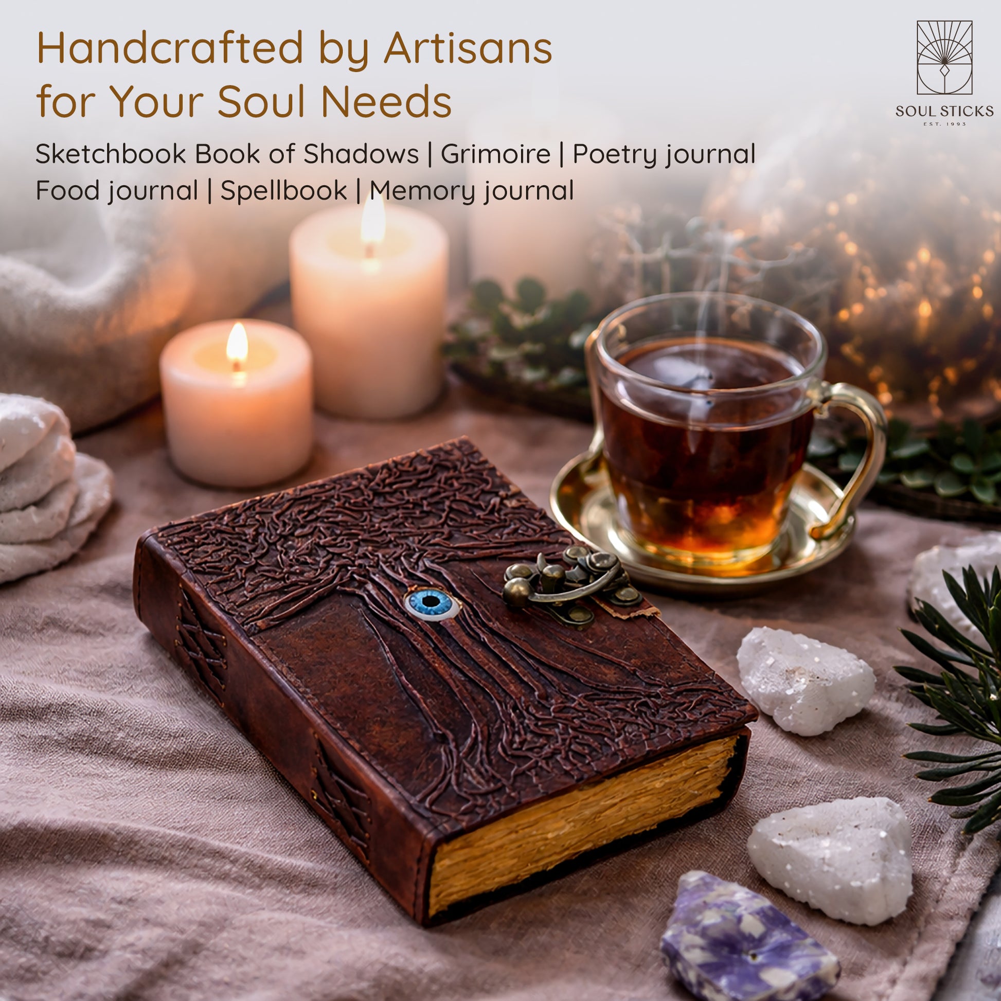 Close-up of the Evil Eye Tree leather journal cover design and texture