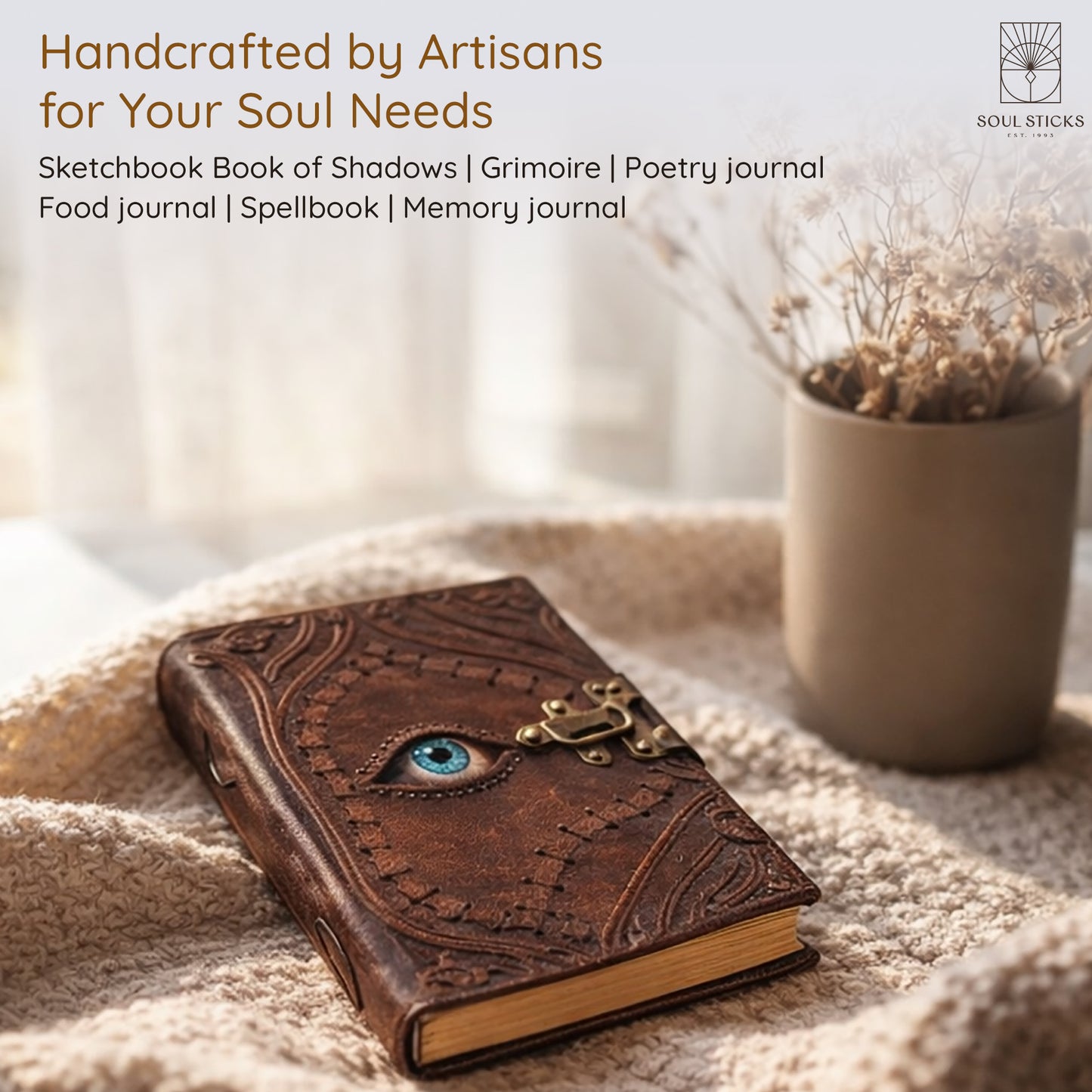 Detail image related to the handmade Evil Eye leather journal