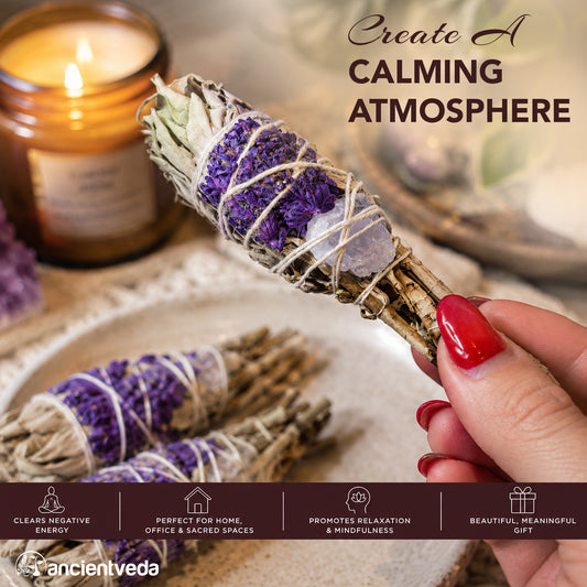 Lavender, Wildflowers, Quartz & White Sage Torch Smudge Sticks with Smudge Guide - 3 Pack