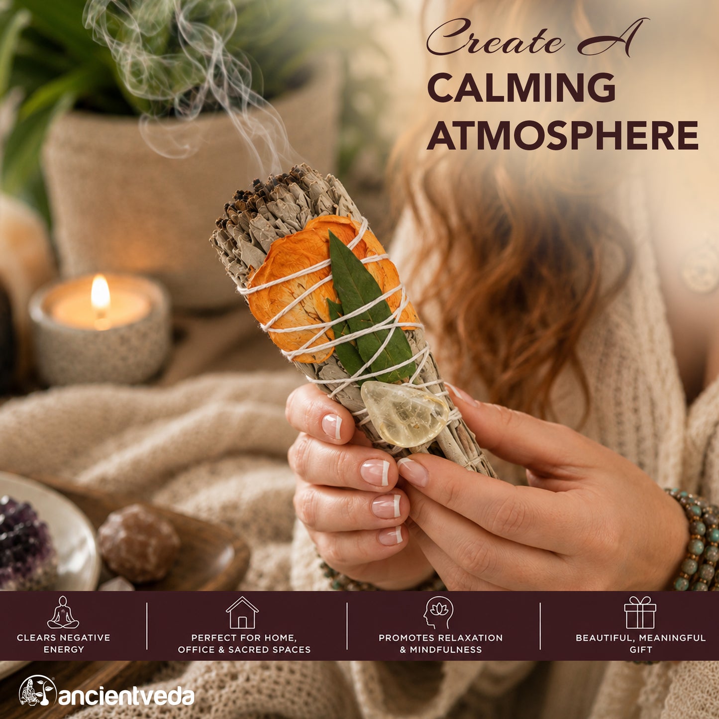 Mitron, Rose Petals, Citrine & White Sage Torch Smudge Sticks with Smudge Guide - 3 Pack