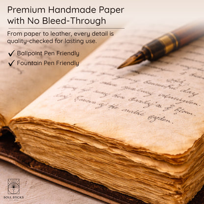 Open Owl leather journal with a closer view of the paper pages