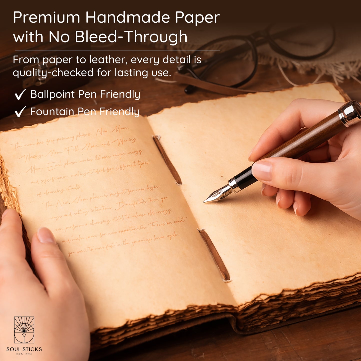 Open Evil Eye Tree leather journal with a closer view of the paper pages