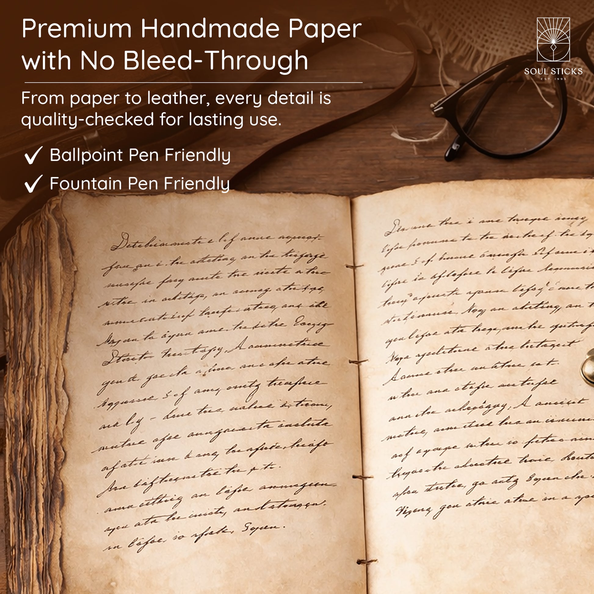 Open Tree of Life leather journal with a closer view of the paper pages