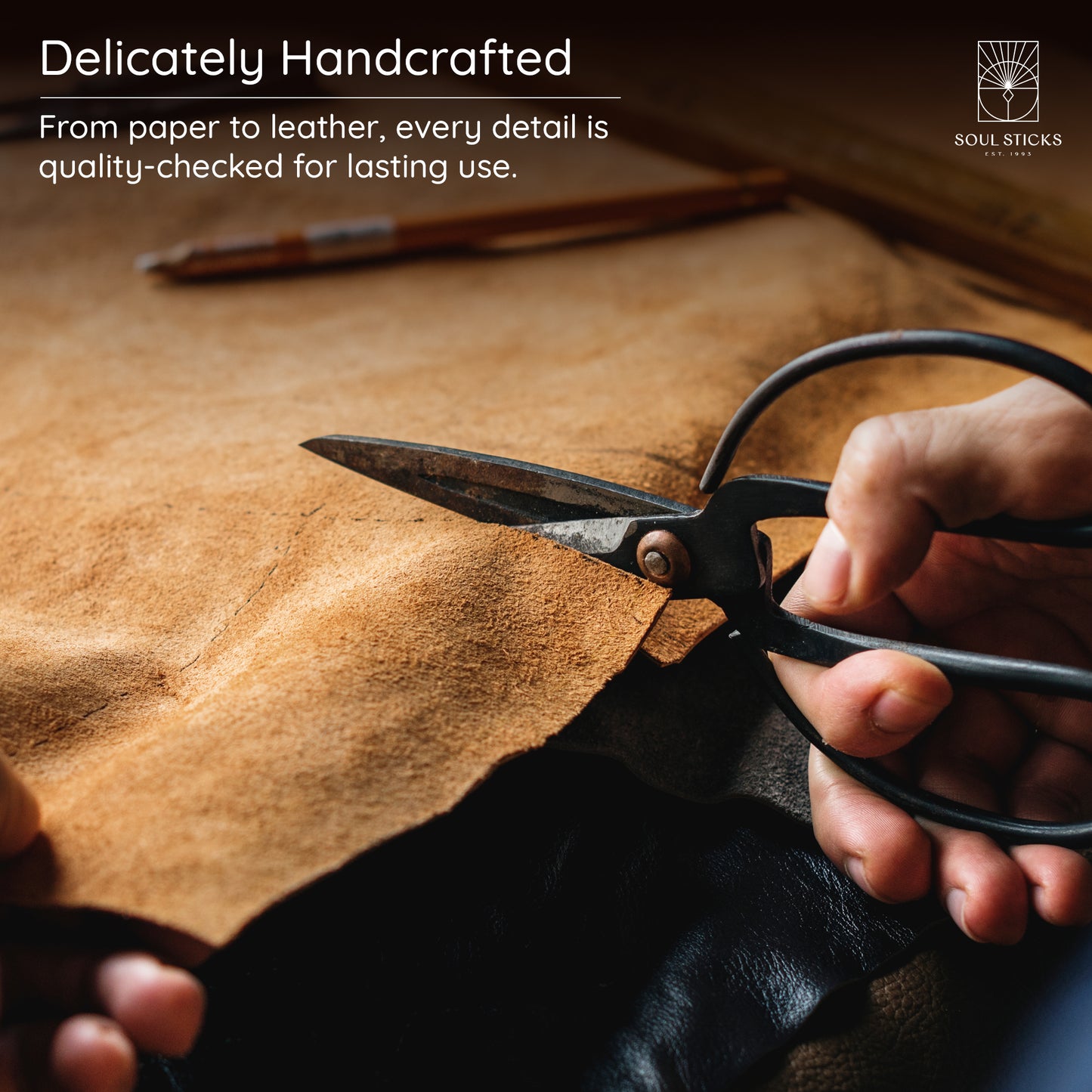 Angled view of the Multi Moon leather journal in a lifestyle setting