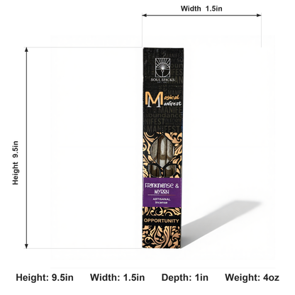 Magical Manifest Frankincense & Myrrh Incense front-facing measurement infographic showing size and weight