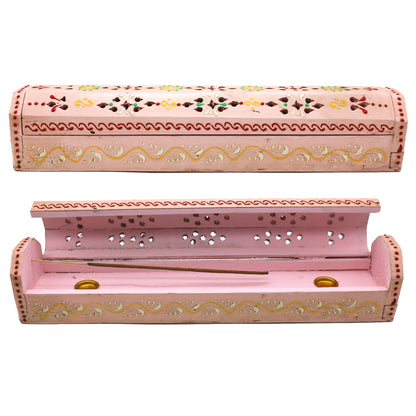 Wooden incense holder box with storage compartment for spiritual and aromatic use