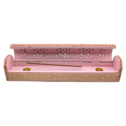 Wooden incense holder box with storage compartment for spiritual and aromatic use