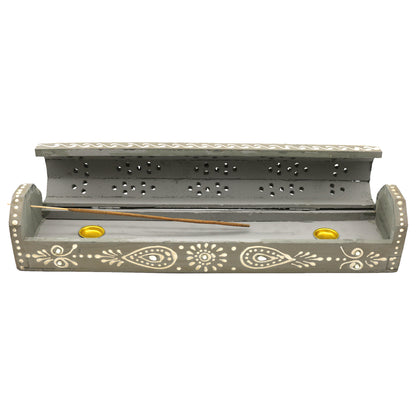 Wooden incense holder box with storage compartment for spiritual and aromatic use