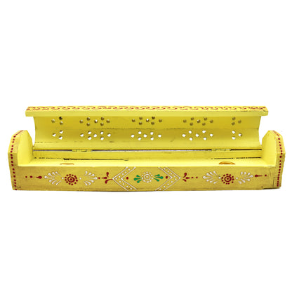 Wooden incense holder box with storage compartment for spiritual and aromatic use