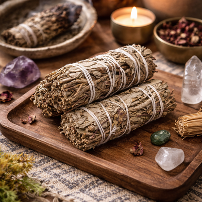 Two bundles of sage on a wooden tray with crystals and a candle in the background.