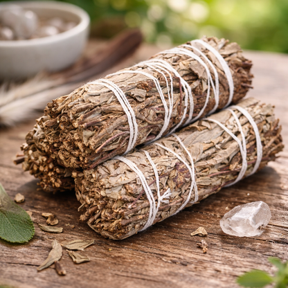 Two bundles of sage tied with twine on a wooden surface with a blurred background