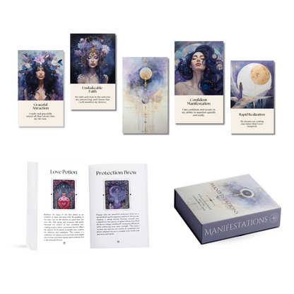 Set of spiritual cards with mystical artwork and messages.